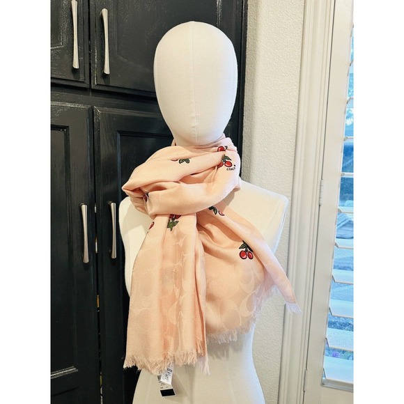 NWT Coach Women Signature Cherries Print Wrap Scarf Wool & Silk Blush Pink $175 - Picture 7 of 8